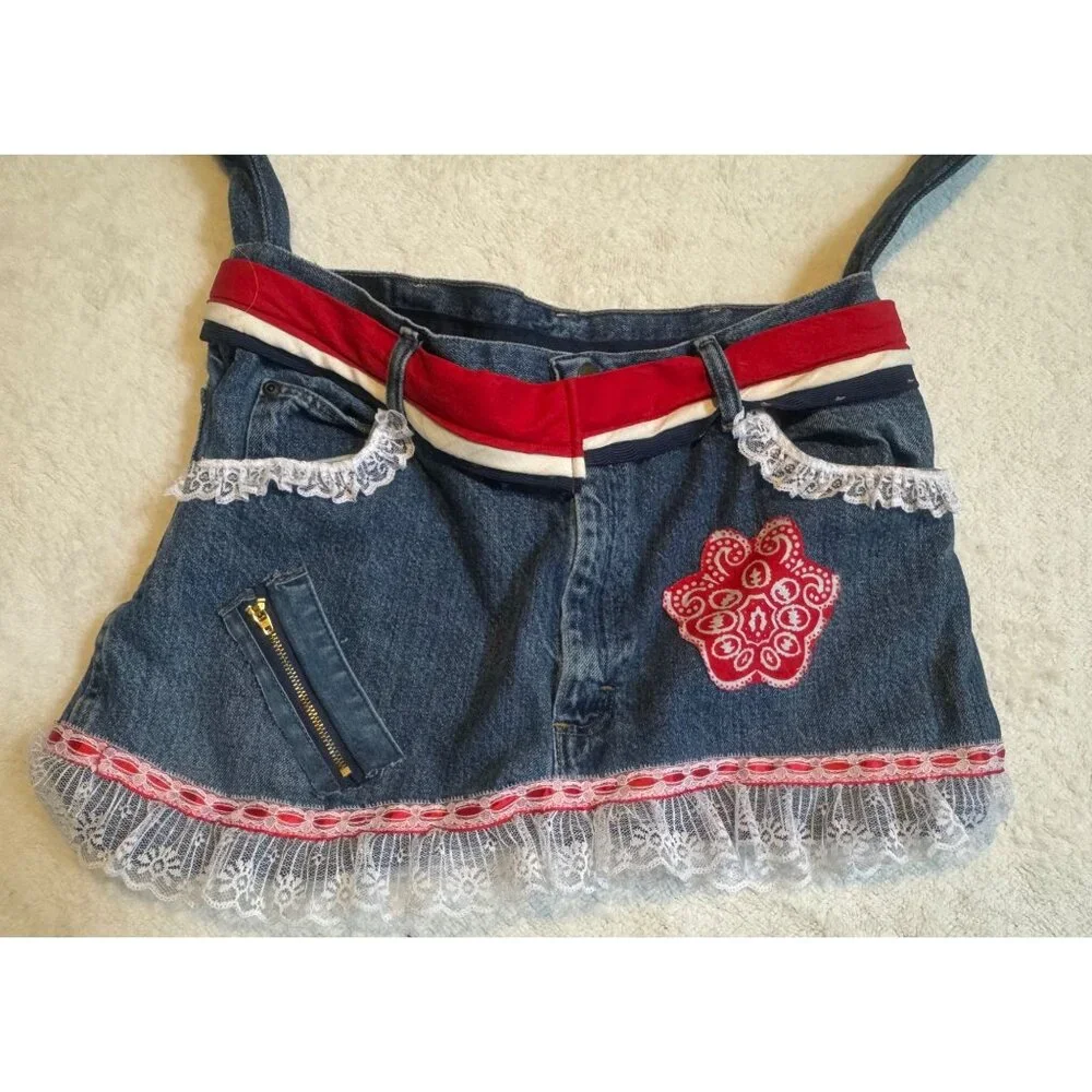 Shabby Boho Upcycled Wrangler Denim Lace Purse‎ Shoulder Bag Americana